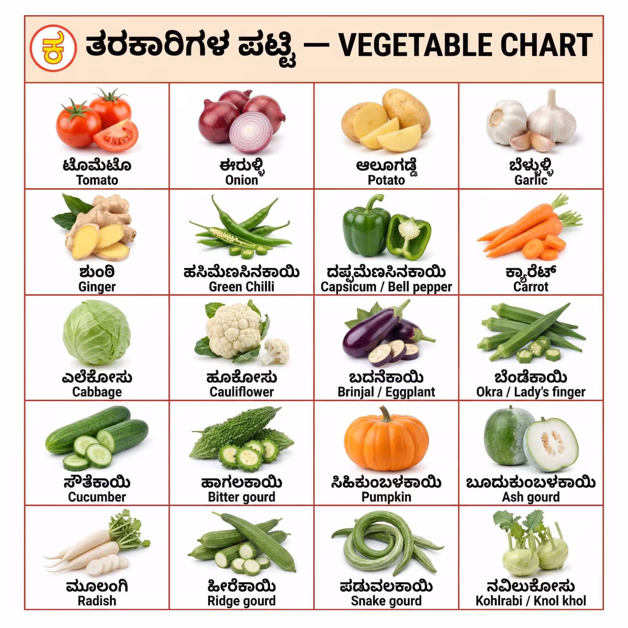Chart Showing Vegetable names in Kannada